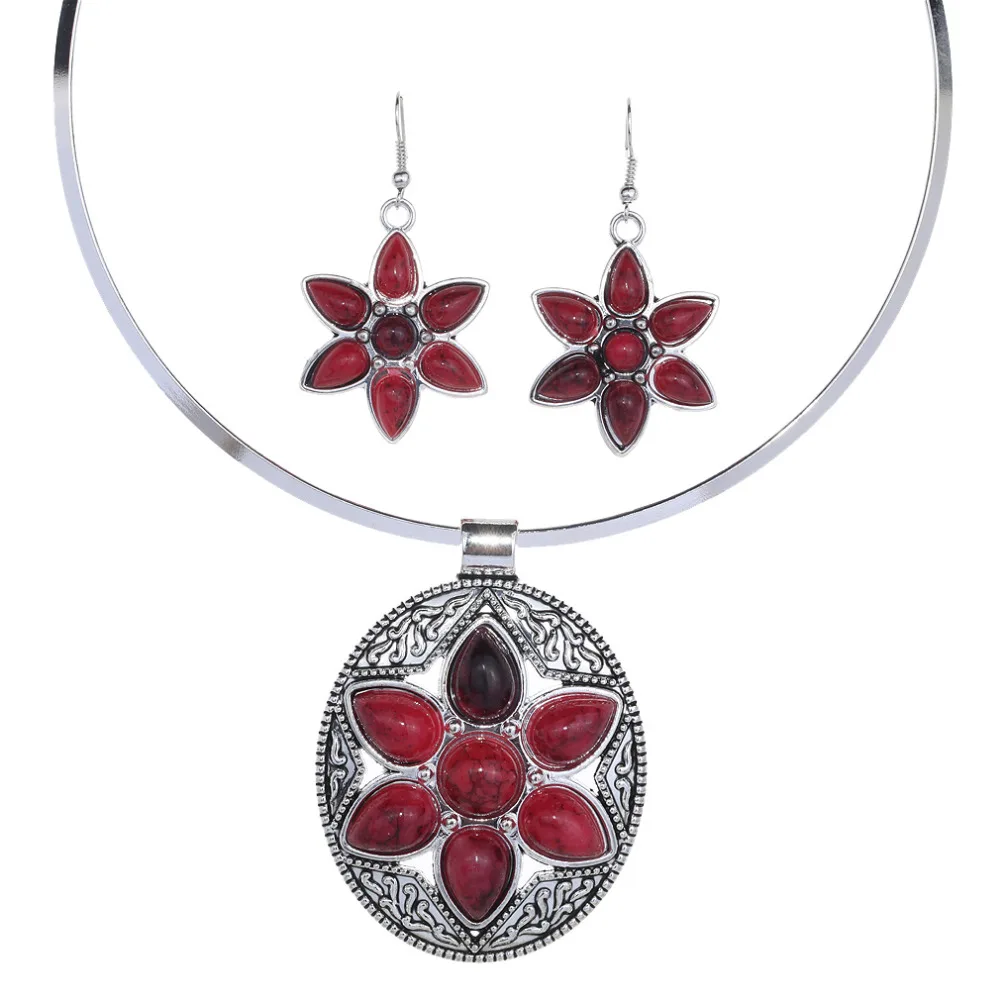 YAZILIND Fascinating Deep Red Turquoise Oval Design Alloy Jewelry Necklace Earring Set N234 | Украшения и аксессуары