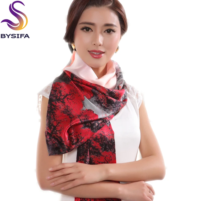 [BYSIFA] Весна Осень длинный шелковый шарф для женщин Элегантный бежевый красный