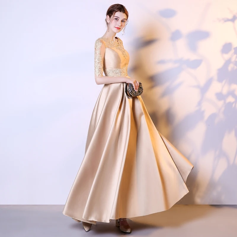 Vestidos de festa vestido longo para casamento V образным вырезом кружево и атлас Половина рукава линии цвета шампанского золото подружек невесты платья