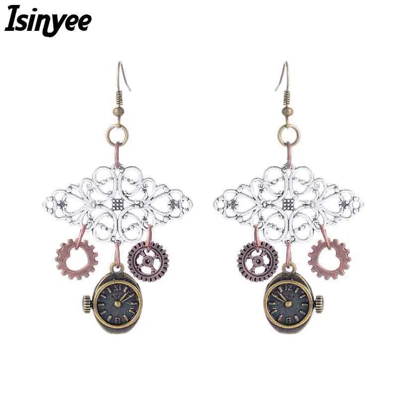 ISINYEE винтажные часы снаряжение серьги с кисточками в стиле стимпанк увеличенные