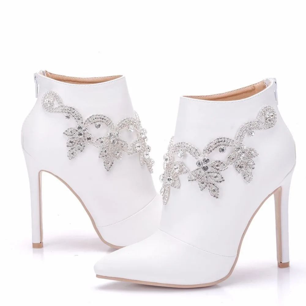 

Ankle Boots Women Shoes Sexy High Heels 11CM Party Dress Shoes Boots Fashion Flowers Pointed Toe Pumps Crystal Ladies Short Boot