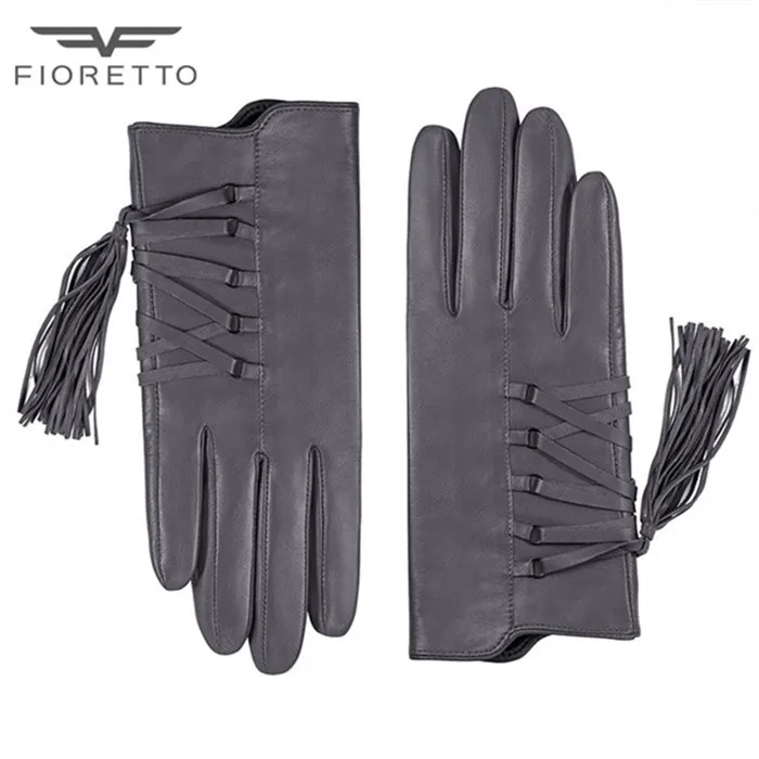 FIORETTO, Женские зимние кожаные перчатки, вязаные, шерсть, флисовая подкладка, кожаные перчатки для вождения, женские, с кисточками, с сенсорным экраном, кожаные варежки - Цвет: Gray--Tricot Lining