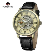 forsining mens watch luxury mechanical hand wind mechanical skeleton watch antique bronze dial transparent glass leather watch