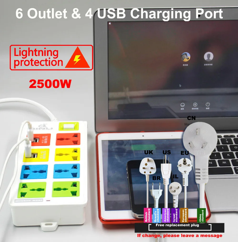 

Multi USB charger Lightning protection system plug-in patera with EU UK US type