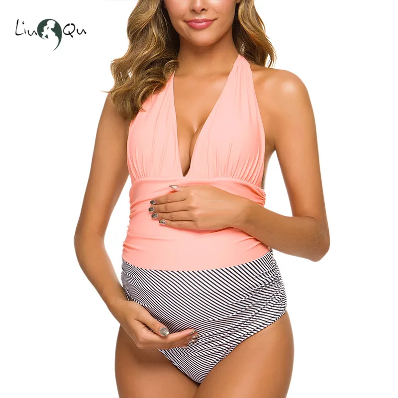 Слитные купальники для беременных в полоску пэчворк Холтер Купальник глубокий v