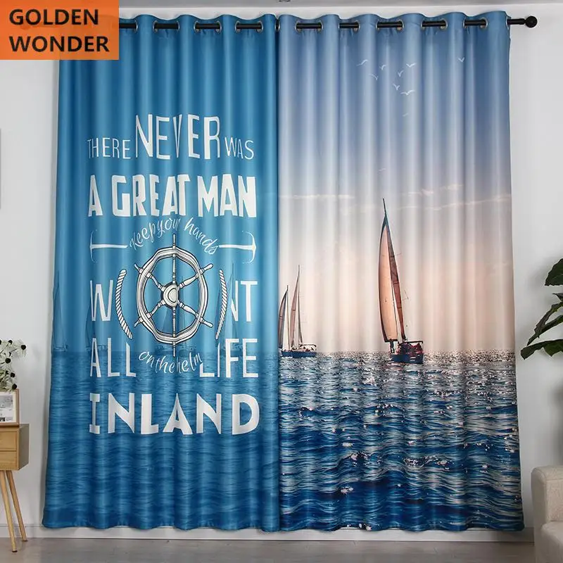 Personalized Modern Custom Living Room Curtain Creative Ocean Scenery Thick Blue Shading Kids Bedroom Curtains | Дом и сад
