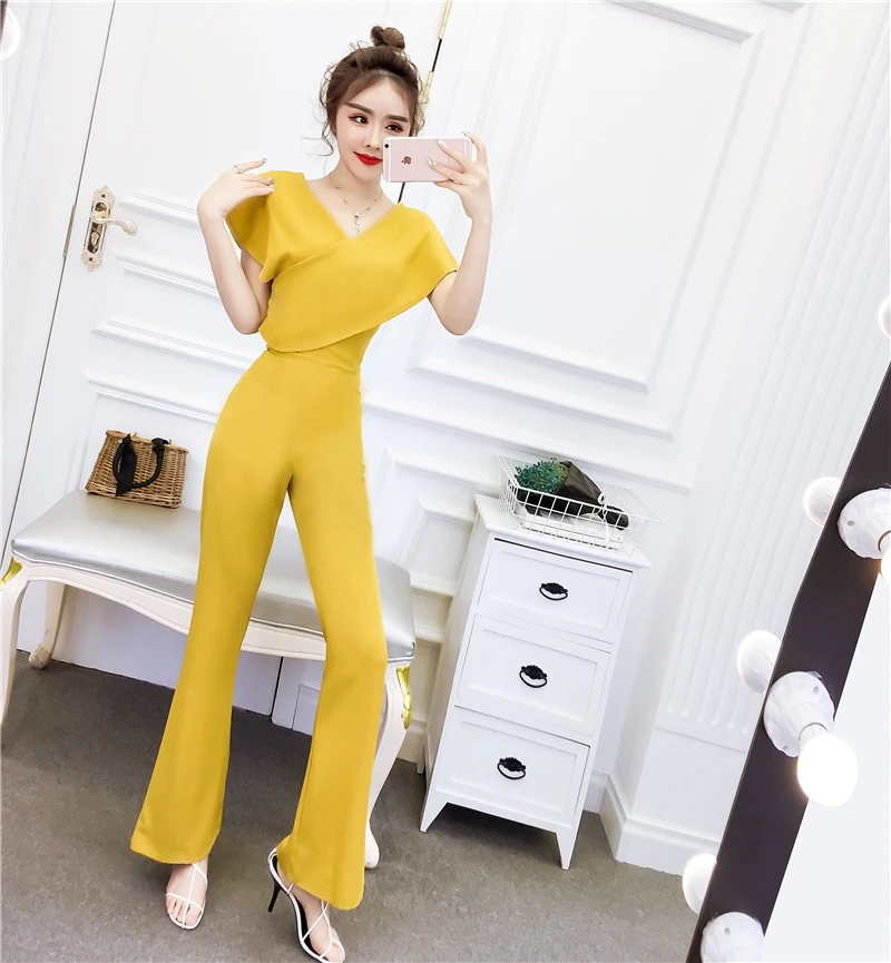 Женские длинные брюки новые летние шифоновые Комбинезоны с V-образным вырезом