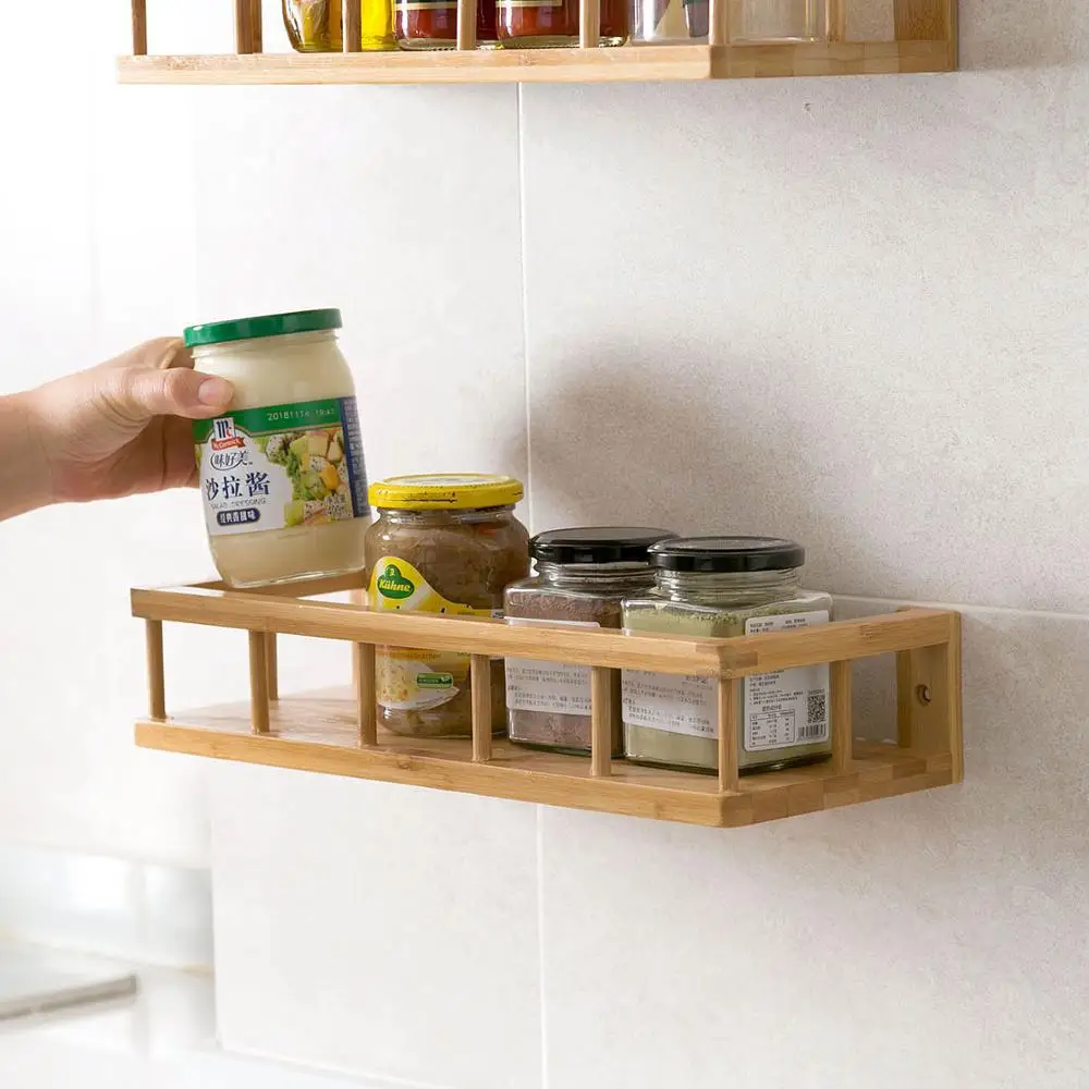 Hollow Wall Shelf Kitchen Storage Punch Free Bamboo Wood Spice Rack Kitchen Bathroom Shelves For Sundries Storage Home Decor