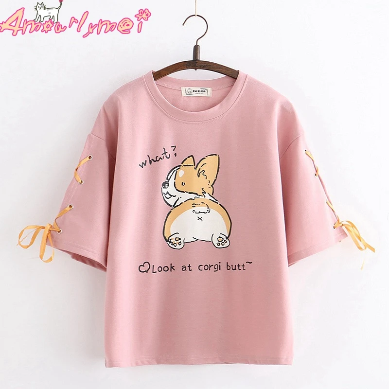 Kawaii Мультфильм корги Письмо Печатный бант на шнуровке хлопок короткий рукав