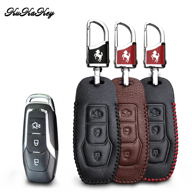 

KUKAKEY Leather Car Key Case Key Bag For Ford Mondeo 2013 Mustang Edge Remote Smart Car Key Cover Car Styling Accessories