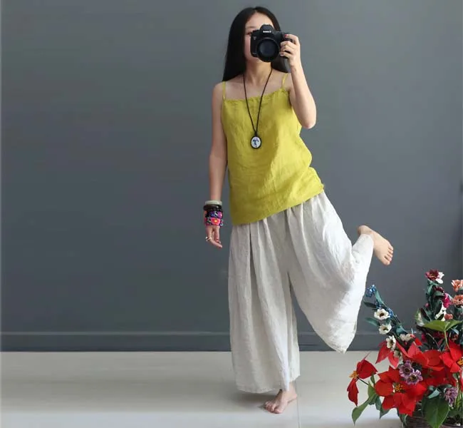 Женские льняные брюки с высокой талией летние свободные большого размера