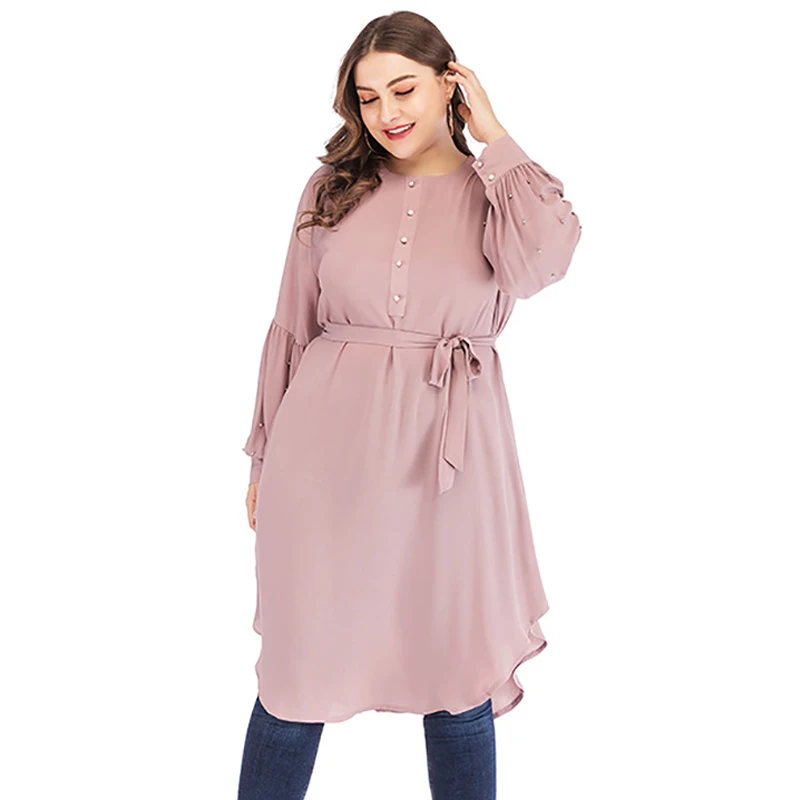 4XL 5XL размера плюс женские блузки зеленые летние с бусинами с длинным рукавом и пуговицами Туники женские топы индонезийская длинная шифоновая блузка - Цвет: Розовый