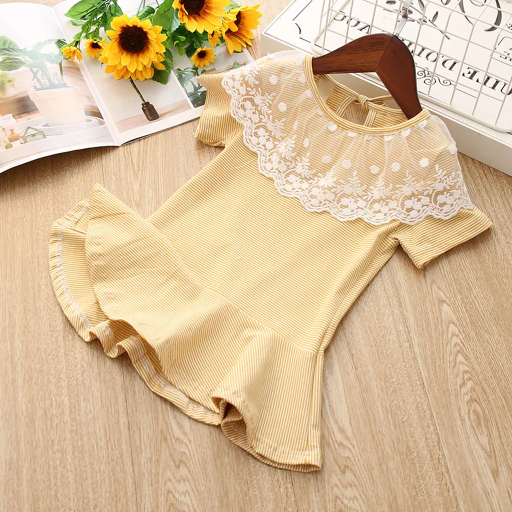 Toddler Kids Baby Girls Clothes Peter Pan Collar O Neck Short Sleeve Stripe Lace Party Princess Dresses Cotton Newborn Costume | Детская