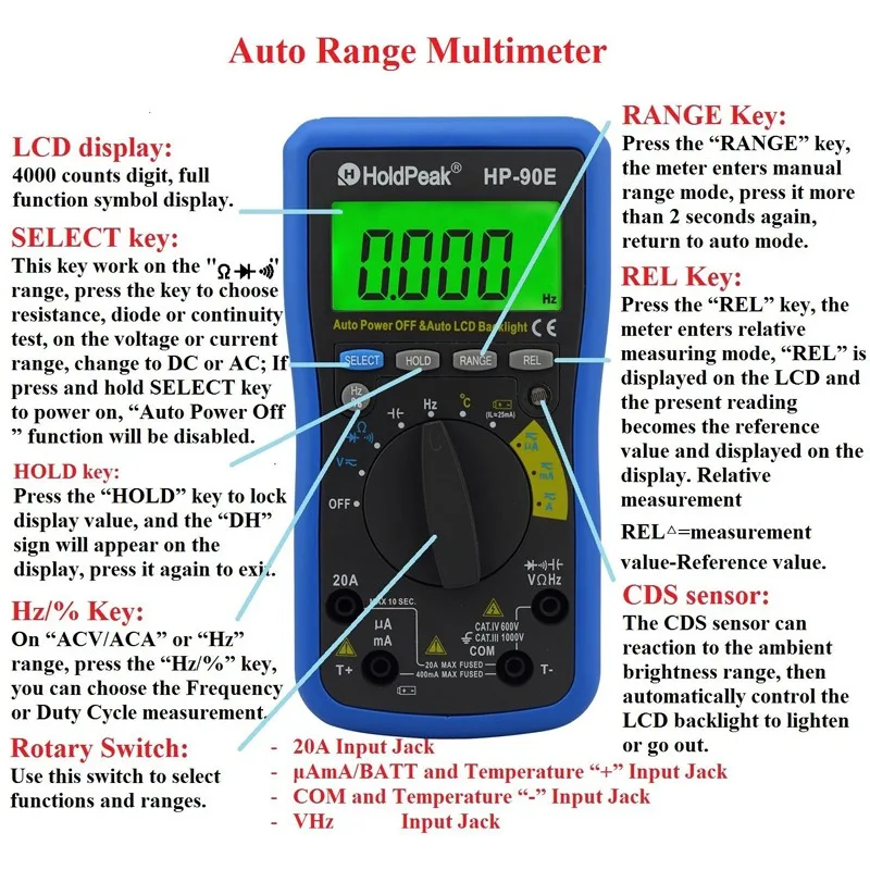 HoldPeak HP-90E Digital Multimeter Auto Range DMM DC AC Current Voltage Resistance Frequency Capacitance Temperature Meter