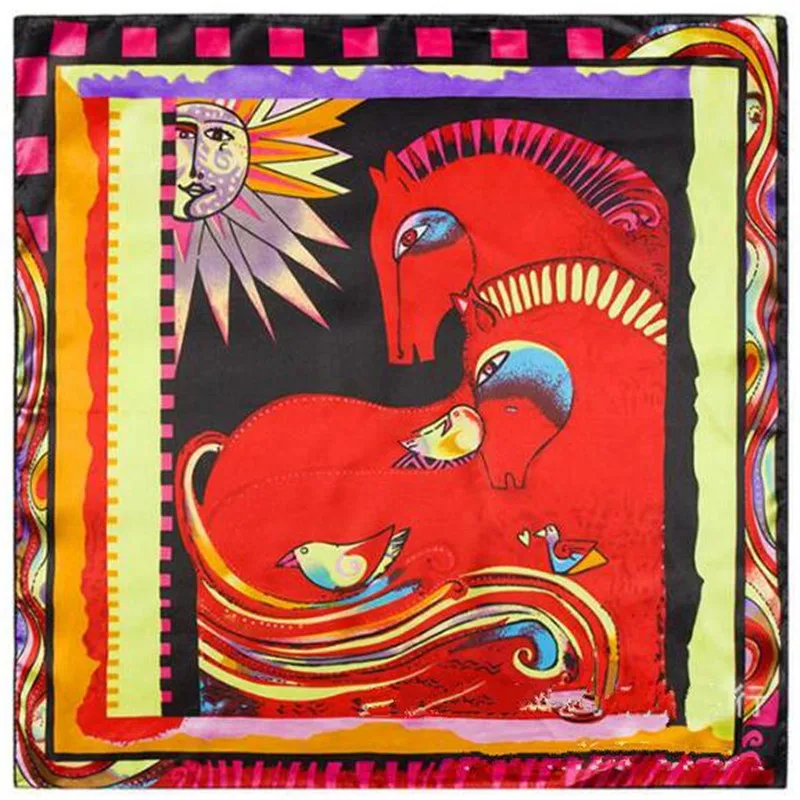 Новый 60x60 см шелковый шарф женский Картина маслом лошадь Птица узор шейный платок