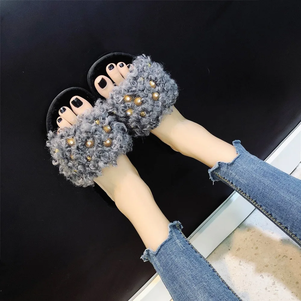 YOUYEDIAN Fashion Women Comfortable Warm Flat Bottom Home Open Toe Cross Fur Slippers Shoe chinelo feminino ver o#25 | Обувь
