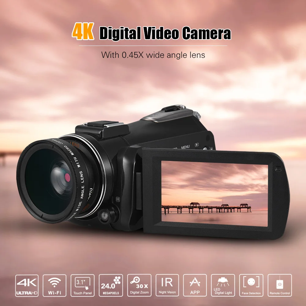 Цифровая видеокамера Andoer AC3 4k UHD 24 МП с широкоугольным объективом 0 45x/внешним