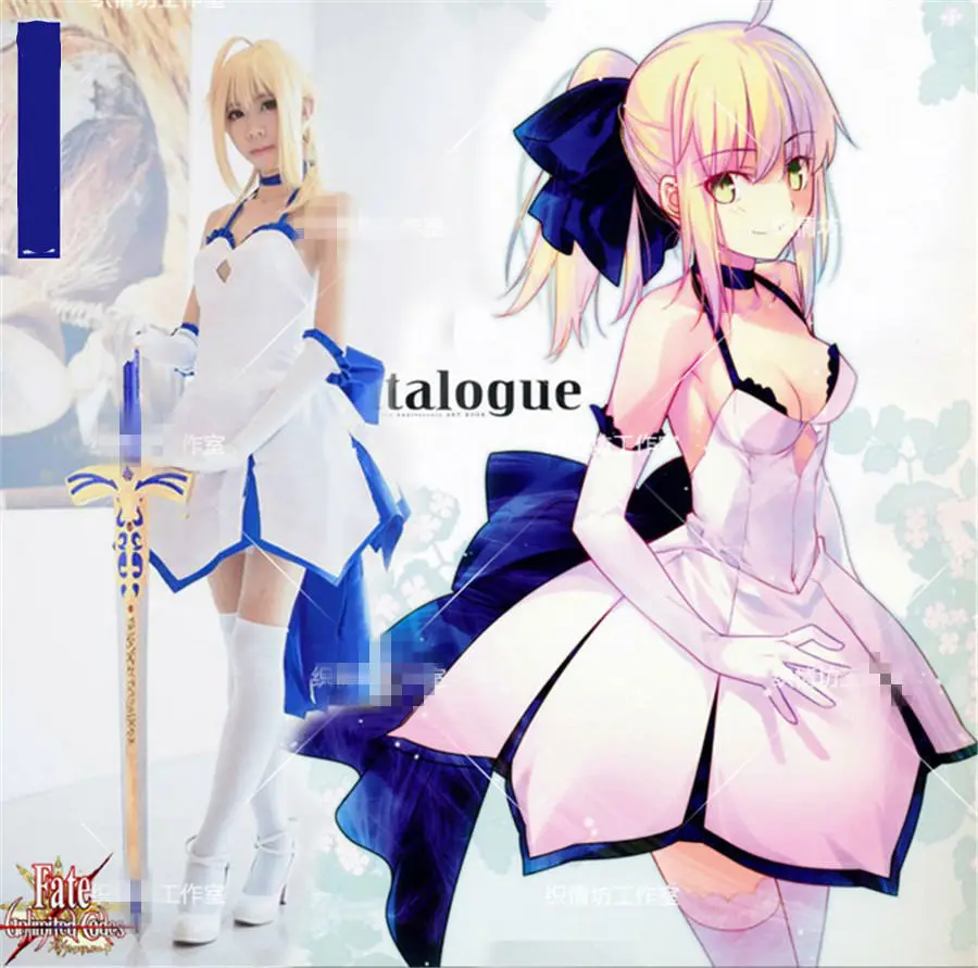 Мини платье с лямкой на шее Saber Lily белое аниме Fate stay night/Fate Zero костюм для косплея