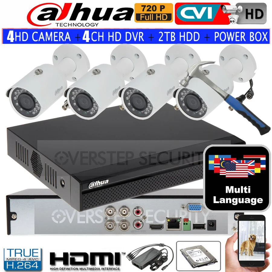 Dahua mutil language 720P DH-HAC-HFW1100S Водонепроницаемая CVI IR Bullet камера безопасности с H.264 4CH CVI DH-XVR4104HS