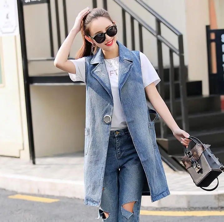 Женская джинсовая куртка длинный ковбойский жилет с воротником весна-осень 2018 |