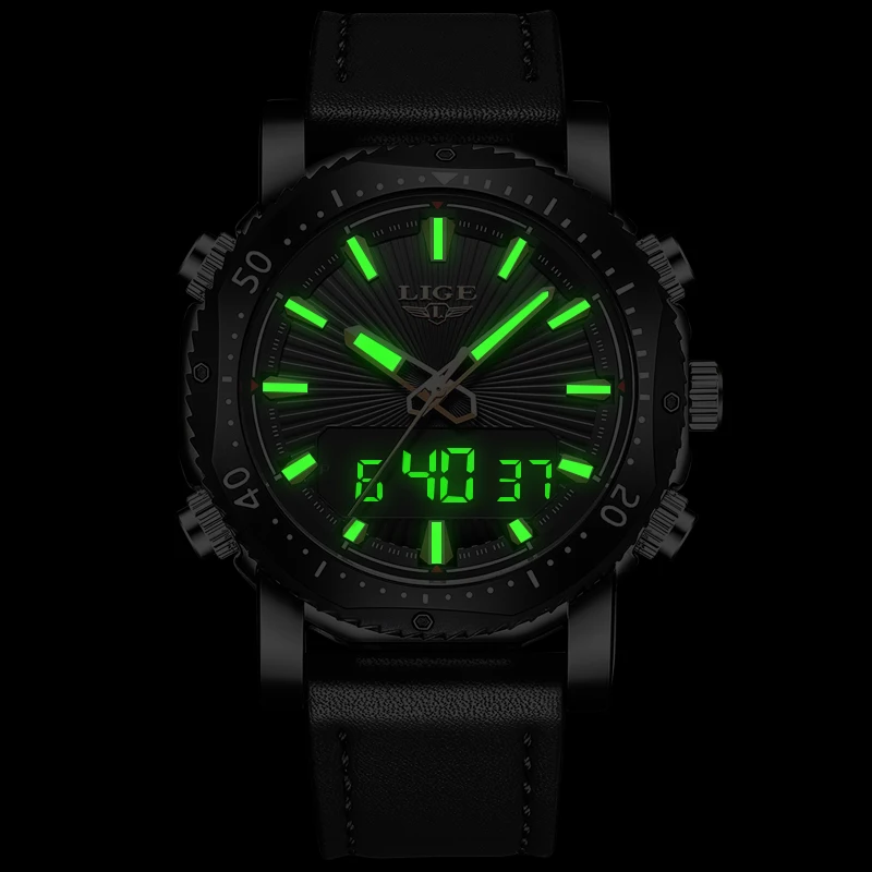 Mens Watches Top Luxury Brand Genuine Leather Sports LIGE Men's Quartz LED Digital Clock Waterproof Military Wrist Watch |