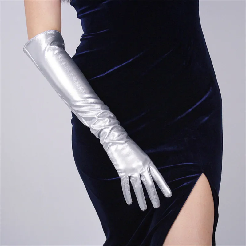 

Patent Leather Long Gloves 50cm Long Section Emulation Leather PU Mirror Bright Leather Metal Bright Silver Female Models WPU76