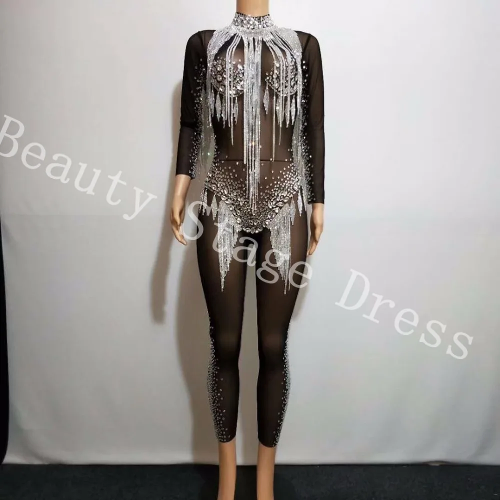Bright Silver Rhinestones Tassel Jumpsuit Crystals Black Mesh Bodysuit Women's Celebrate Luxurious Costume See Through Clothes