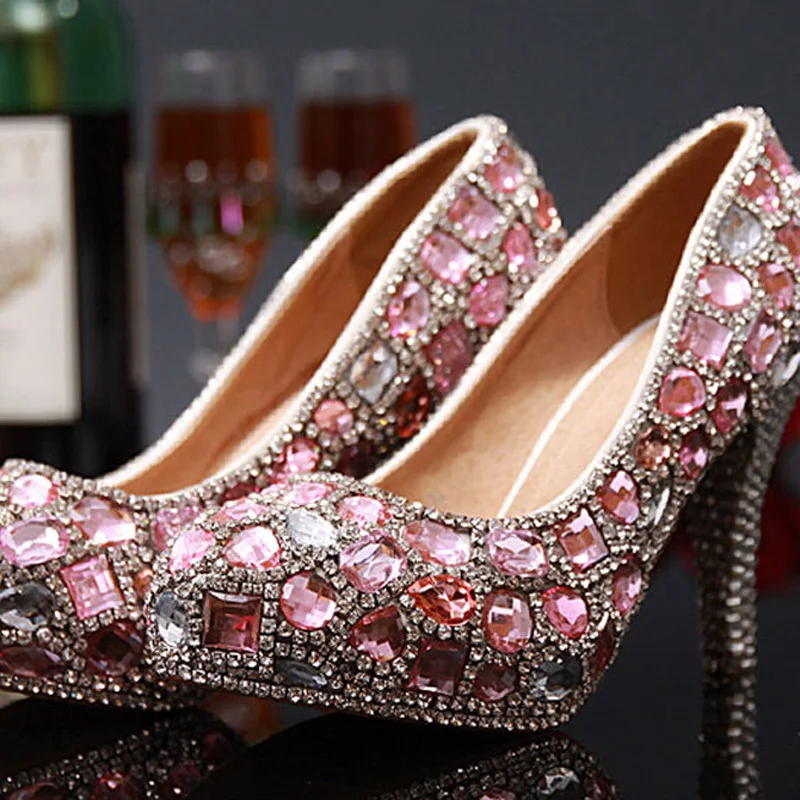 Великолепные туфли стразы на высоких каблуках красивая розовая Женская вечерняя