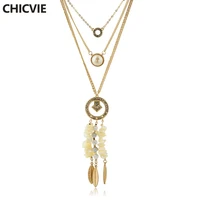chicvie women multilayer necklace gold color stone beads leave pendant necklaces wedding jewelry sne160090