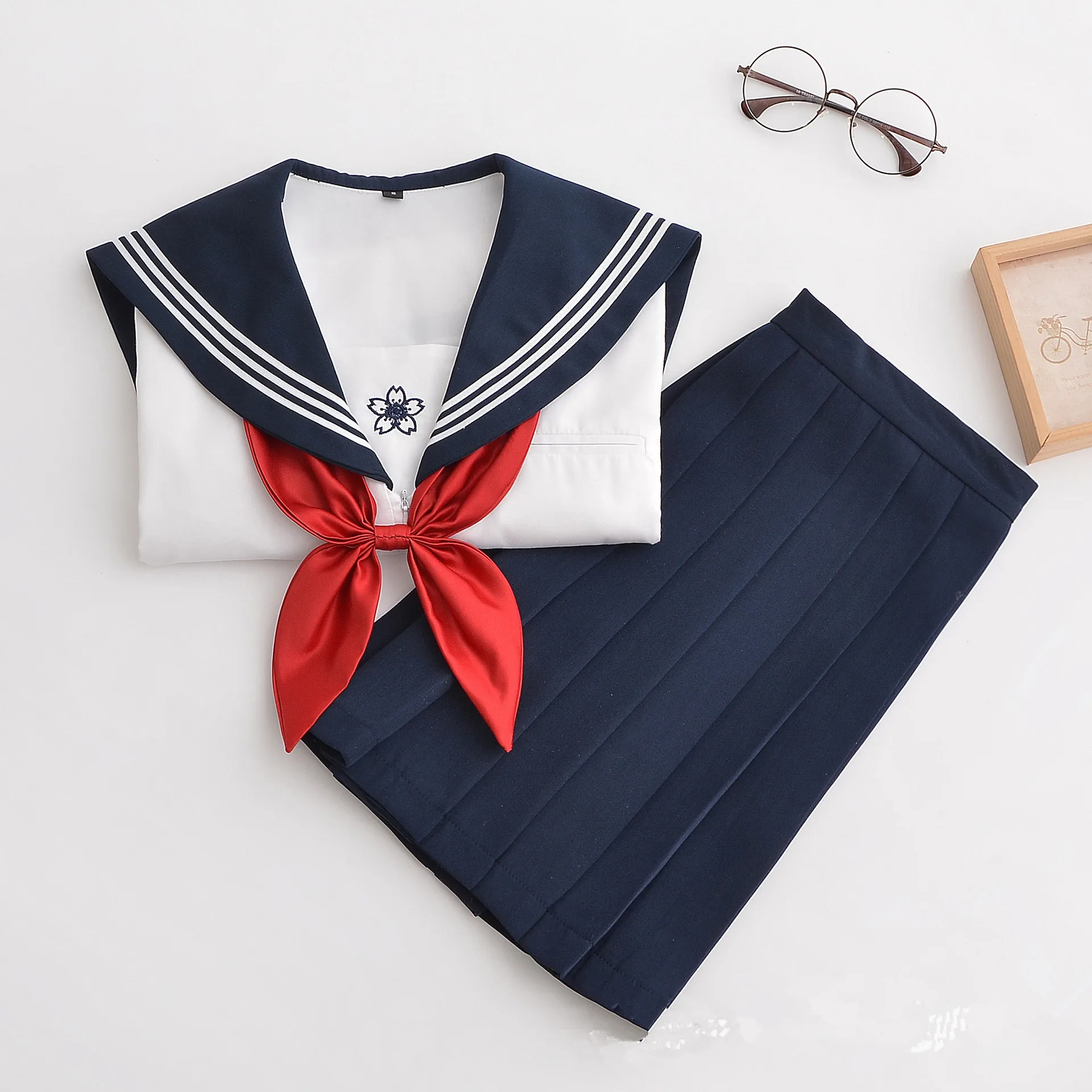 

Japanese JK School Uniforms For Girls White T Shirt Sakura Embroideried Sailor Navy Skirt Suit Student Female Novelty Class Set