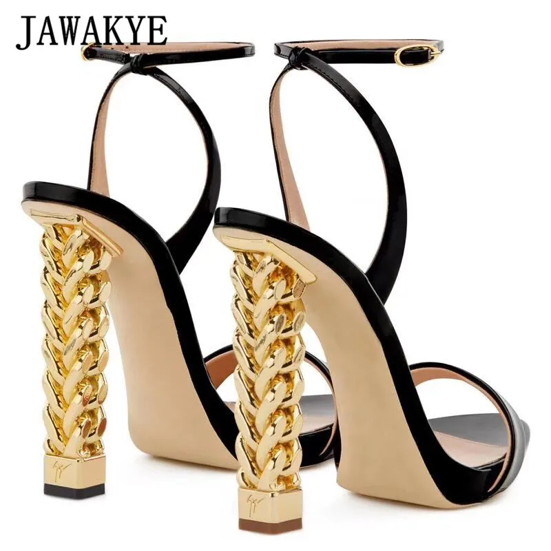 JAWAKYE Gold Cuban chain embellished heels Patent Leather Women Sandals Super High heels Gladiator Sandals party prom Shoes