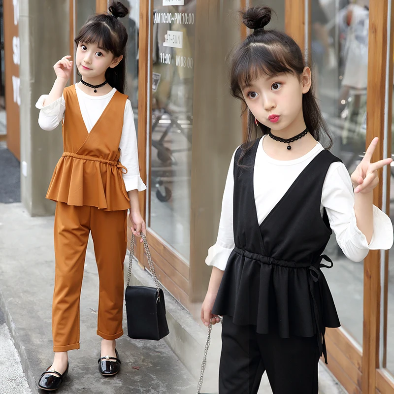 2019 Brand Girls Sport Clothes Set For Autumn Spring Vest+Long Sleeve+Pants 3 Pcs Kid School Perform | Детская одежда и обувь