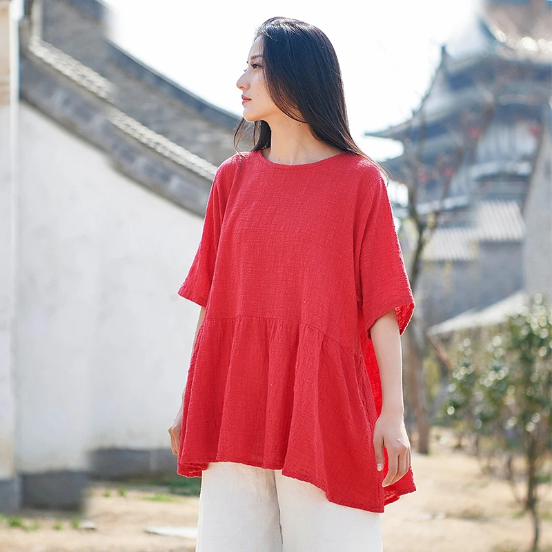 

Plus size 2019 Spring and Summer shirt Bamboo cotton linen Tshirt Women's Wear New Literature and Art Fresh tops
