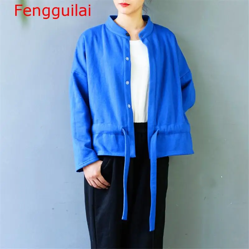 

Women Coat 2019 Autumn Winter T-shirt Women Casual Solid Kawaii Stand Collar Adjustable Lacing Cotton Fleece Loose