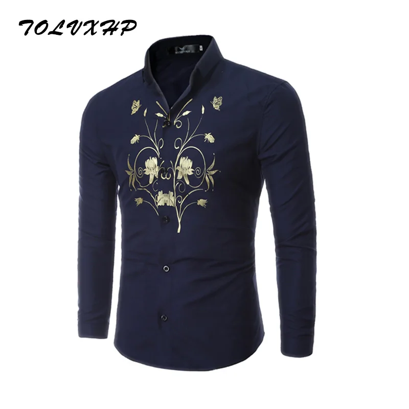 TOLVXHP бренд 2018 Модная рубашка Мужской груди Цветы платье рубашки Slim Fit отложным Для