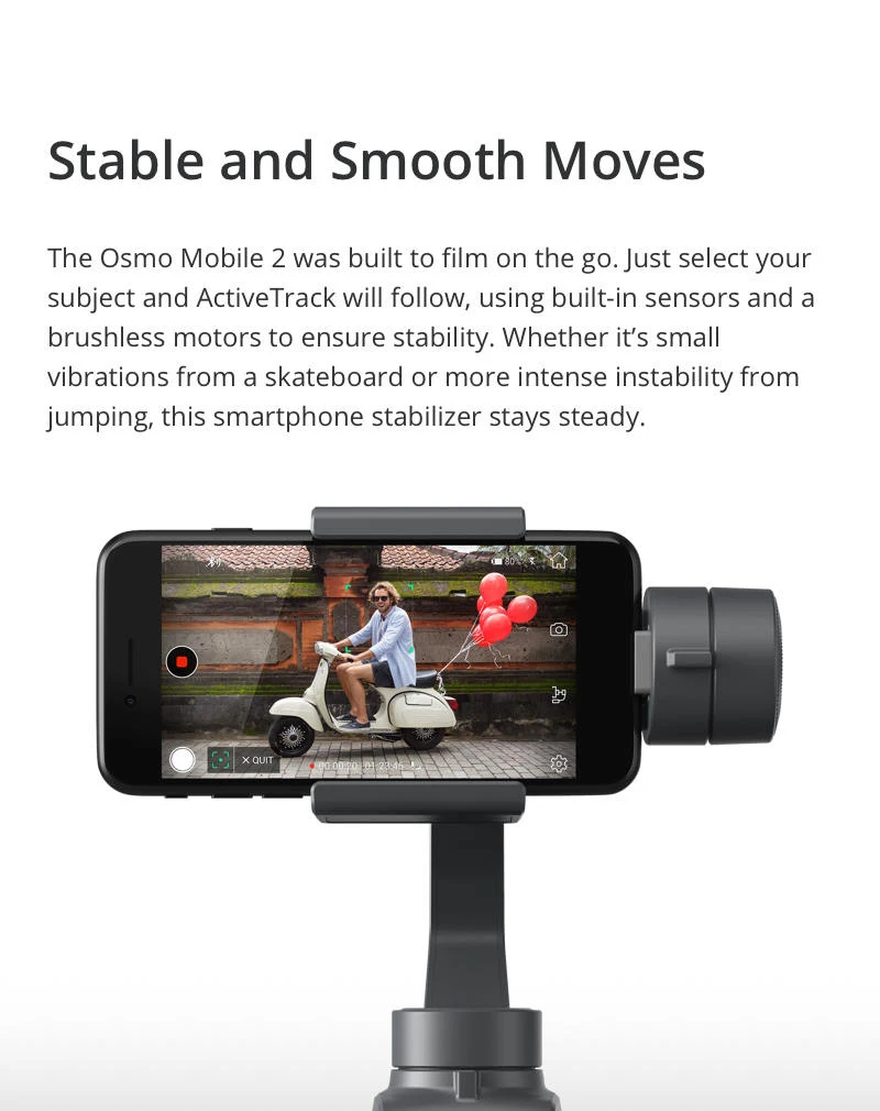 DJI Osmo Mobile 2 стабилизатор 3-осевой портативный монопод с шарнирным замком для смартфона GoPro(гладкая Activetrack следовать/Motionlaps/зум Управление