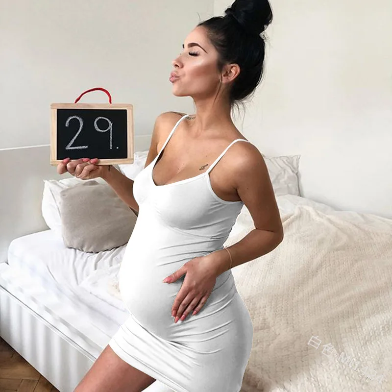 Summer 2019 New Suspension Belt Fashion Pure Color Button Pregnant Women's Skirt Home Leisure Close-fitting Large Size Dresses | Женская