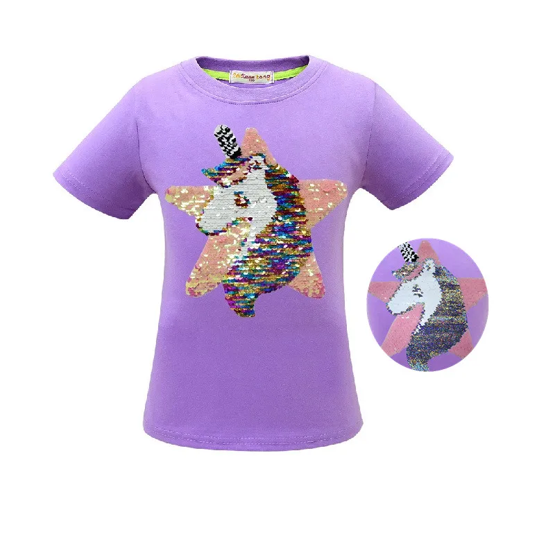 3486 Purple Футболка с единорогом летняя одежда для маленьких девочек Camiseta Unicornio, футболка топы для девочек, Femme, Детская футболка, Enfant, для дня рождения, цветная, с блестками - Цвет: 3486 Purple