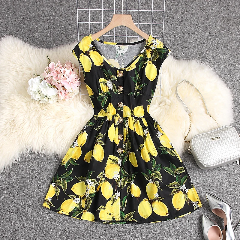 Женское однобортное платье без рукавов ALPHALMODA с цветочным принтом высокой талией