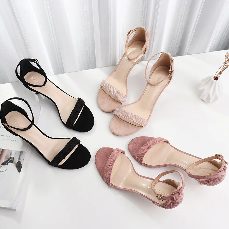 

Summer Women Sandals Open Toe shoes Suede Round head 6.5CM Women's thin heel Women Office Shoes