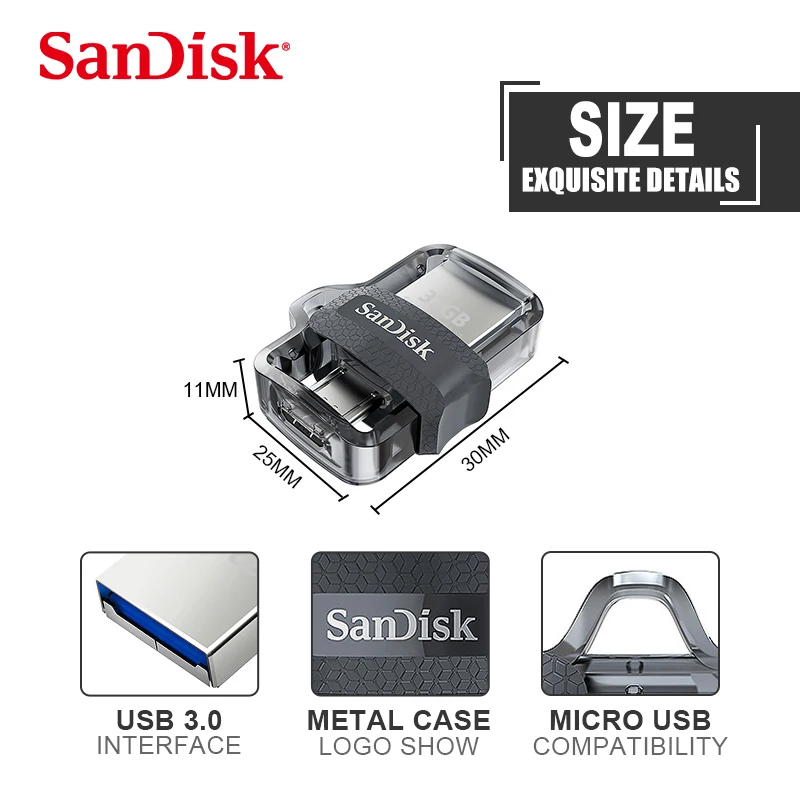 Sandisk 100% Оригинальный мини USB 3 0 двойной OTG флэш накопитель 16 ГБ 32 64 Гб 128 PenDrives для