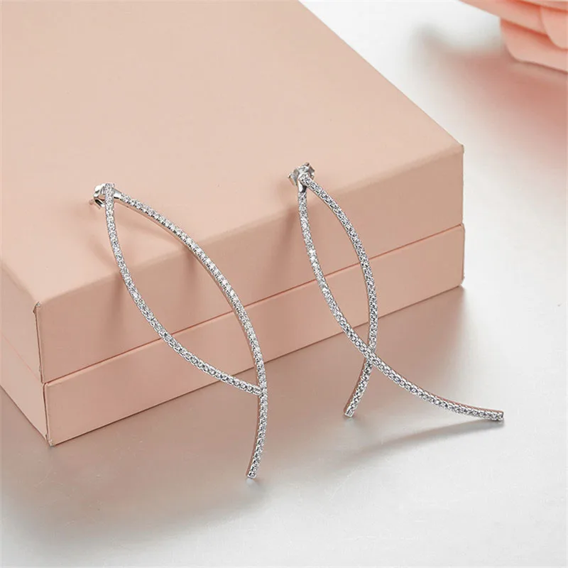 SLJELY 925 Sterling Silver Lines Earrings Micro Pave Full Cubic Zirconia Stones Asymmetry Geometric Women Brand Jewelry | Украшения и