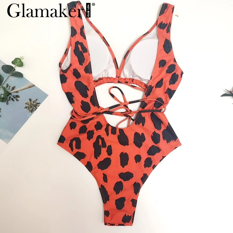 Glamaker, Леопардовый принт, слитные костюмы, купальник, бандаж, сексуальный, пуш-ап, боди, летний, для женщин, на завязках, с высоким вырезом, купальник
