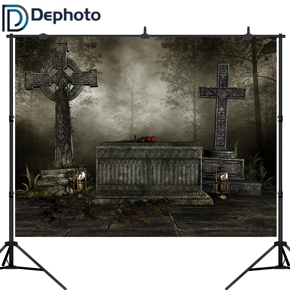Dephoto Хэллоуин фото фон ночное кладбище крест красная роза для фотосъемки
