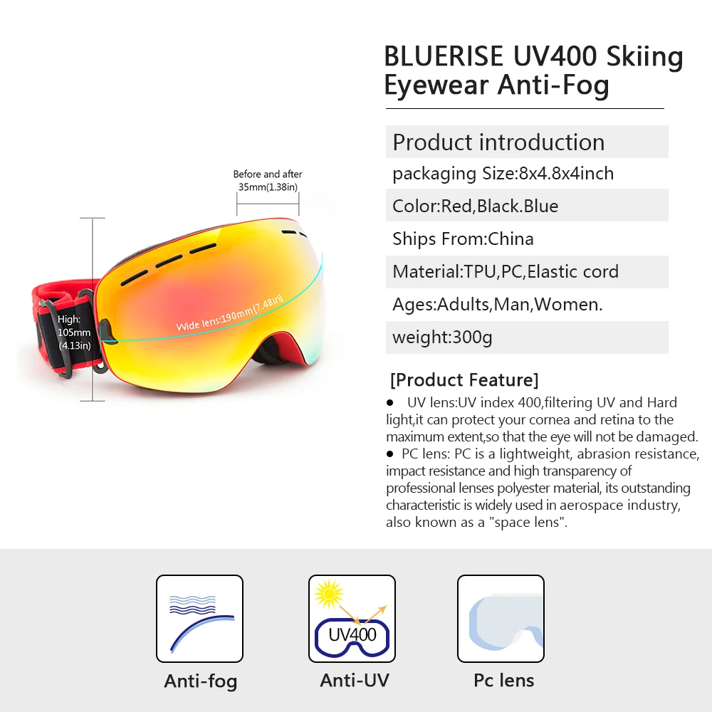 BLUERISE UV400 очки для катания на лыжах, противотуманные очки с двойными линзами, лыжные мужские и женские очки для сноуборда, лыжные очки для катания на лыжах