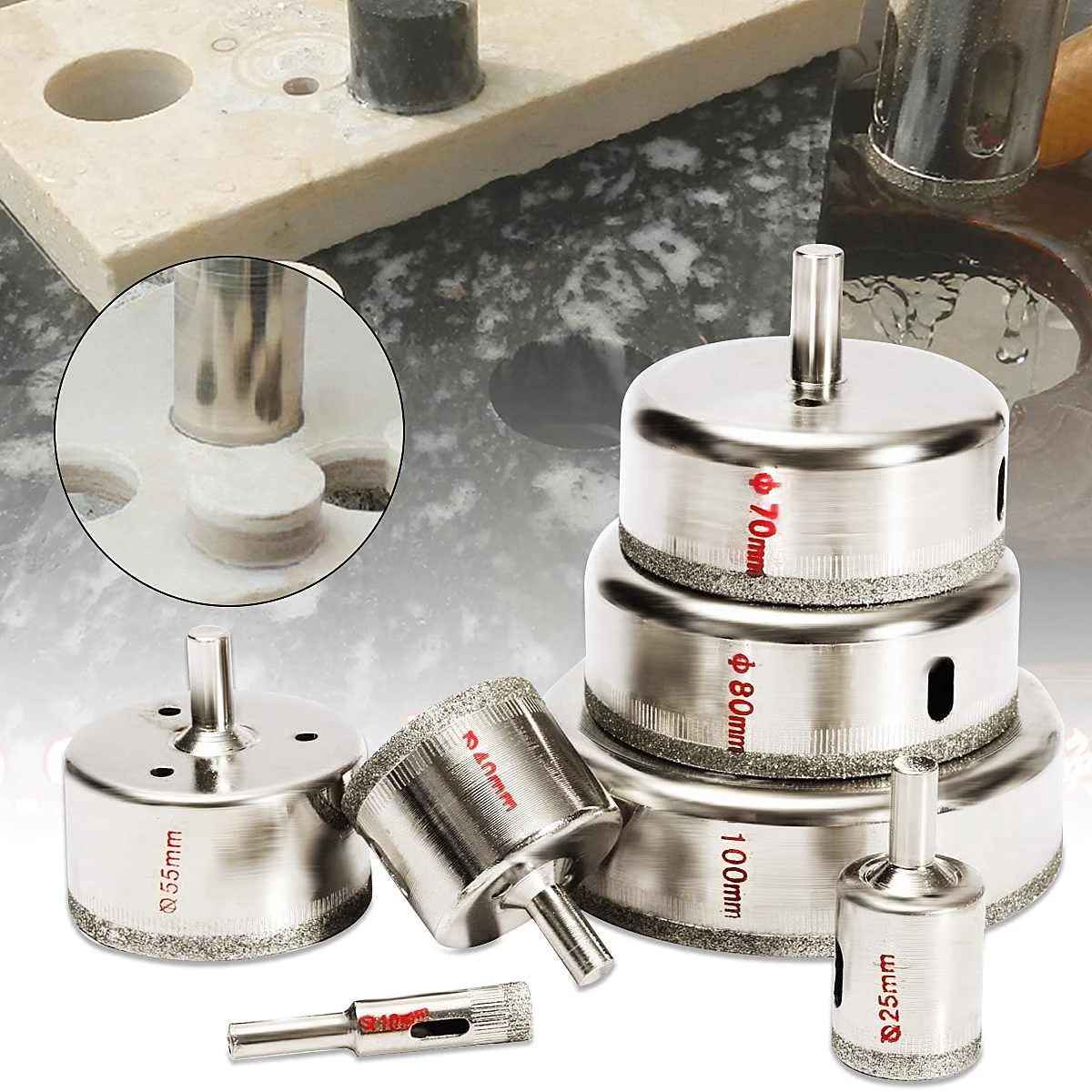 7PCS Large 10-100mm Diamond Hole Saw Tile Ceramic Glass Porcelain Marble Drill Bit Set