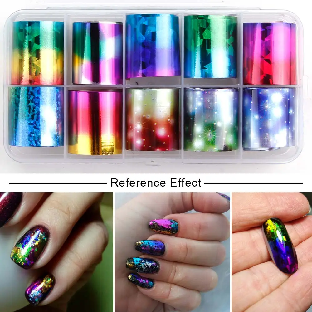 Set K 10 шт. голографическое искусство ногтей DIY наклейки 2,5 см* 100 см Советы Обертывания ногтей фольга рулон переноса клей блестки Акриловые DIY украшения - Цвет: Set K
