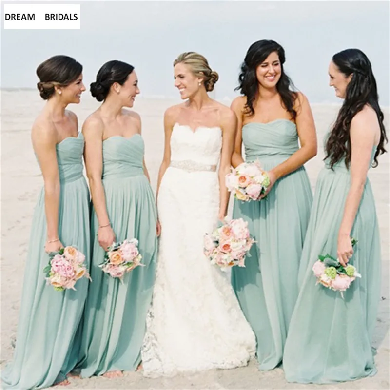 

2019 Strapless Pleat Chiffon Mint Green Long Bridesmaid Dresses High Quality Beach Wedding Party Dress Cheap Maid Of Honor Gown