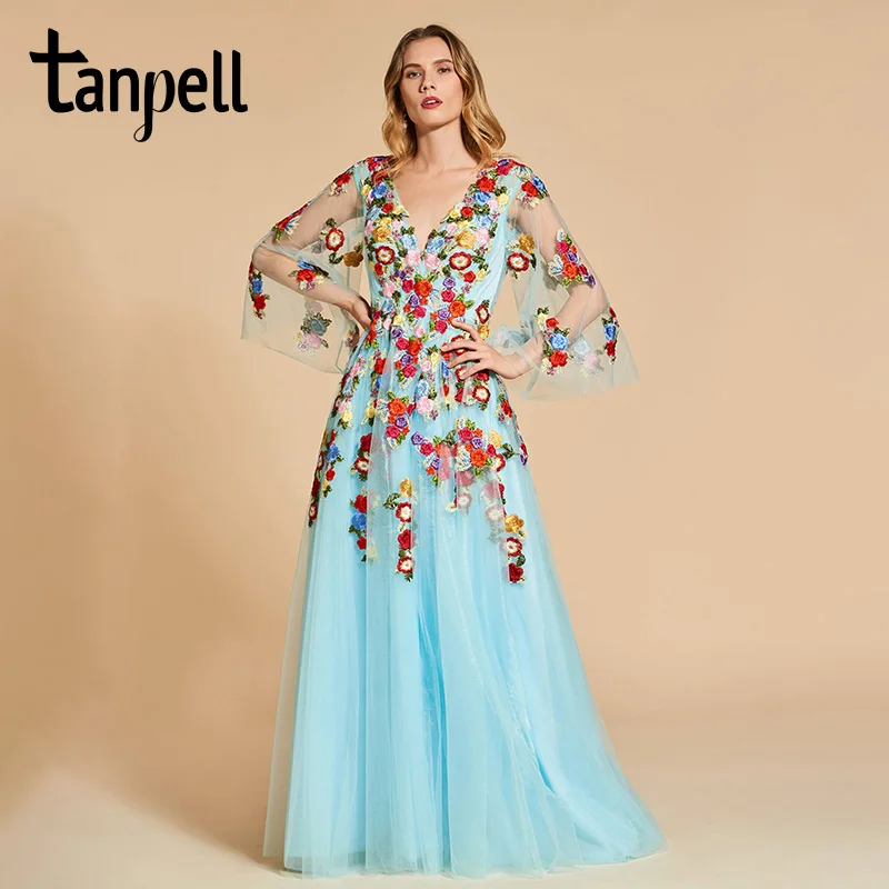 Платье для выпускного Tanpell с аппликацией милое небесно голубое платье трапеция