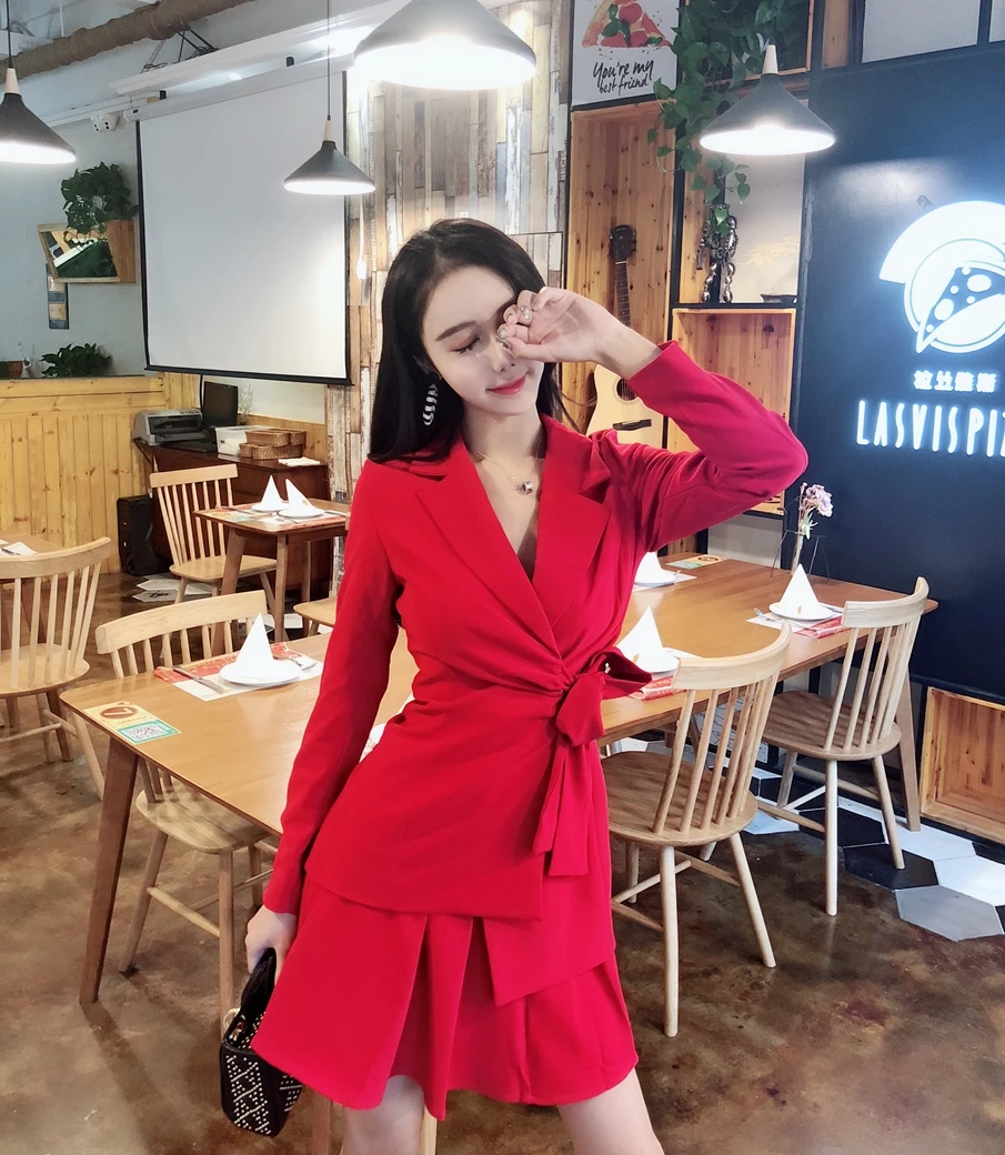 Новинка 2019 черное платье Стильное элегантное с высокой талией OL костюм из двух